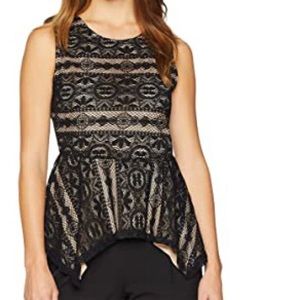 BCBGMAXAZRIA® Sleeveless Handkerchief Hem Peplum Fit Semi Sheer Lace Overlay